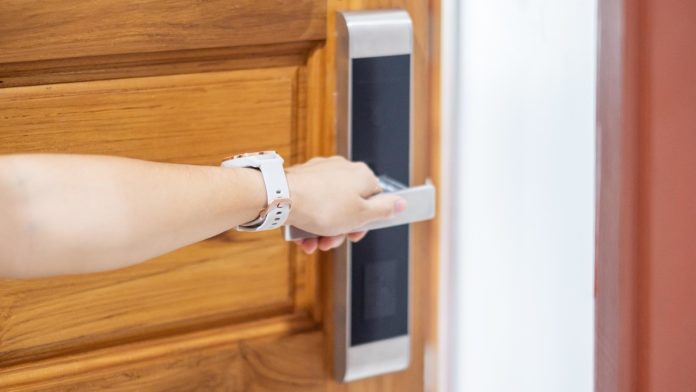 Woman Holding Handle Smart Digital Door Lock Open Close Roor Woman Holding Handle Smart Digital Door Lock Open Close Roor