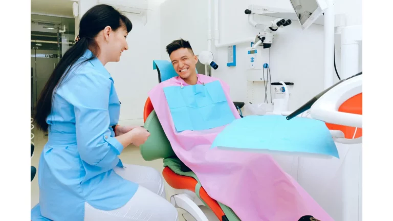 Dentist performing a routine dental check-up for a family